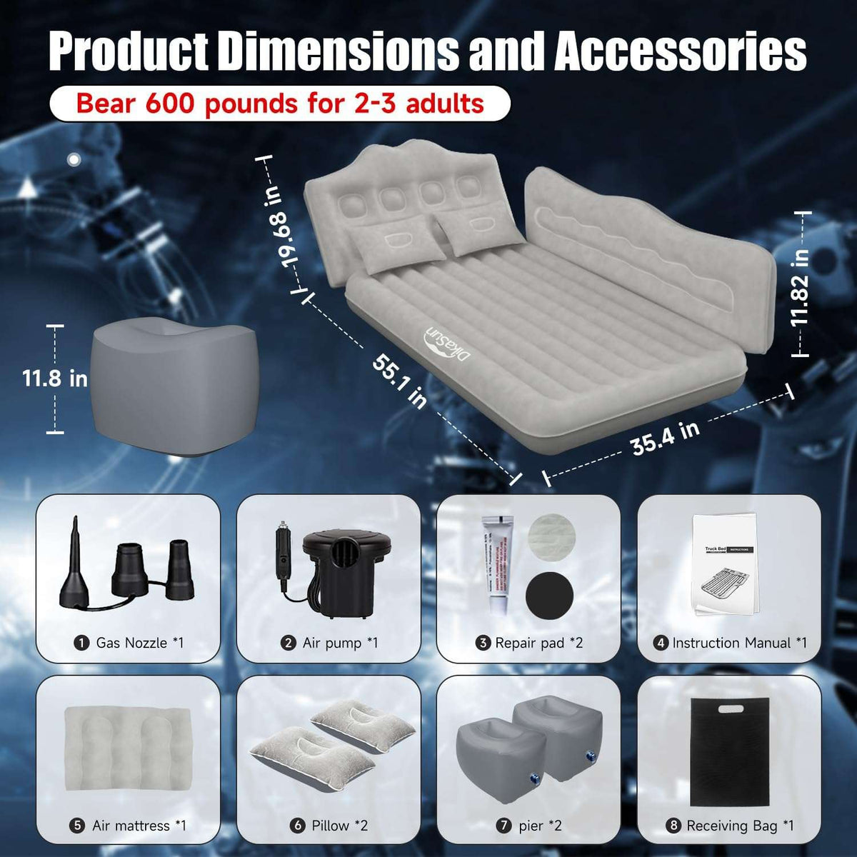 Thicken Backseat SUV/Car/Truck Air Mattress Air Bed Inflatable SUV Truck Mattress -35.4'' Width/Grey