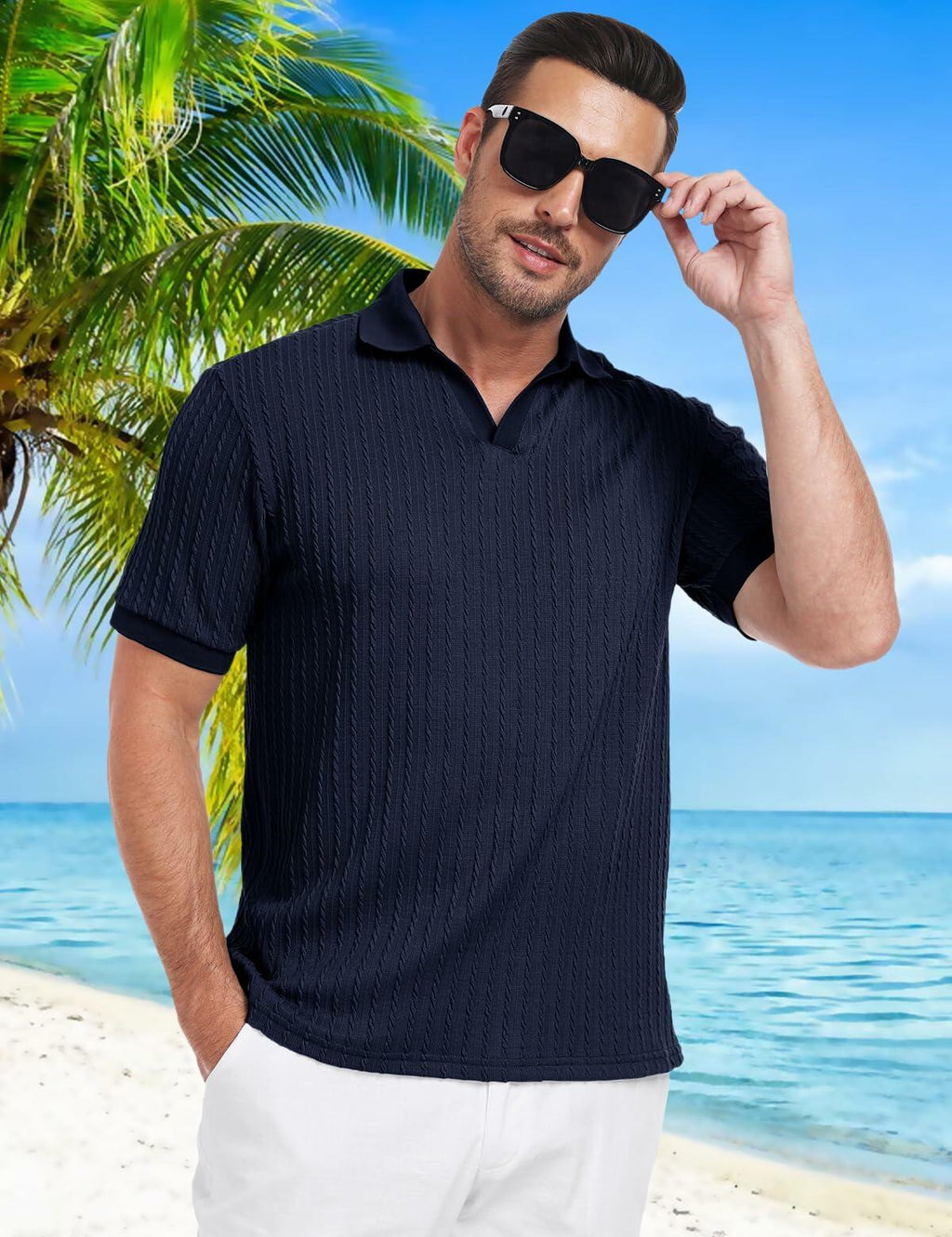 Knit Polo Shirt Men V Neck Buttonless Short Sleeve Navy Size M