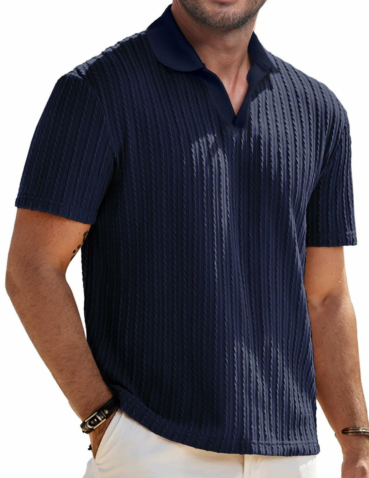 Knit Polo Shirt Men V Neck Buttonless Short Sleeve Navy Size M